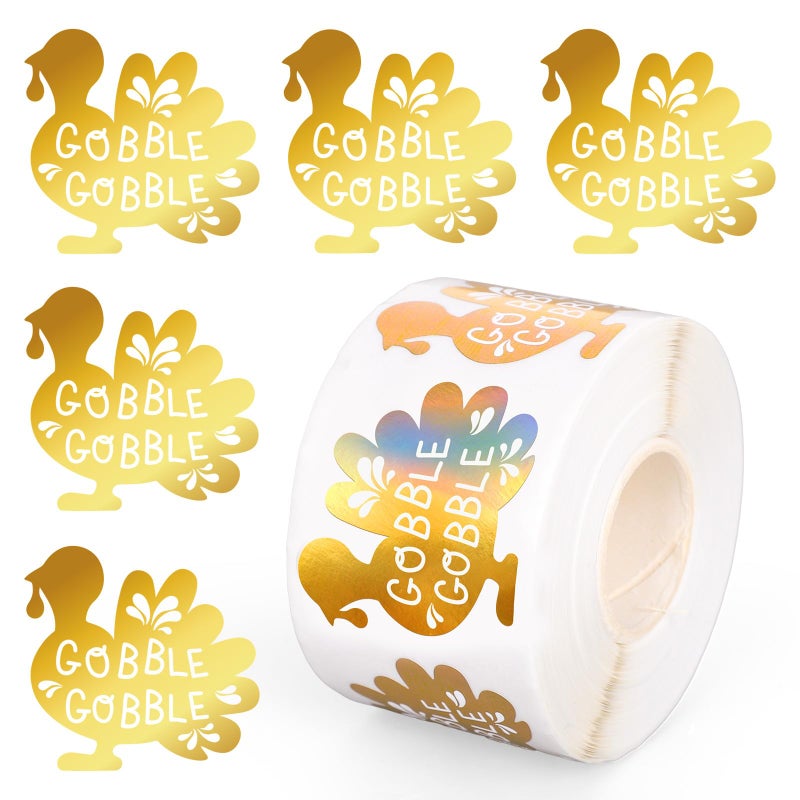 Whaline Fall Thanksgiving Turkey Stickers Roll Gold Foil Turkey Gobble Seal Stickers Waterproof Self-Adhesive Decals for Envelope Journal Decor Autumn Harvest, 500 Pcs - Image 1